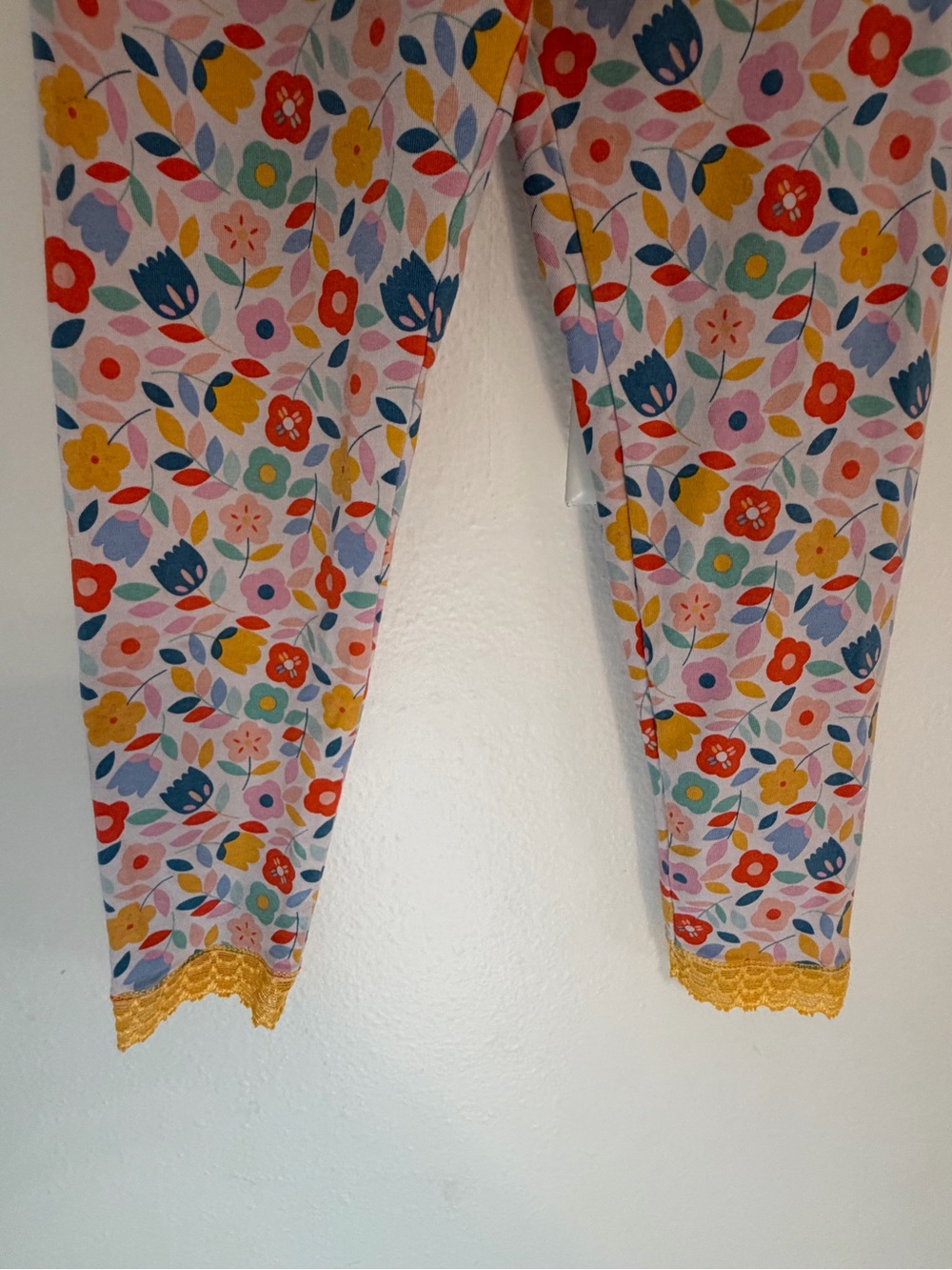 Girls' Floral Print Leggings with Yellow Lace Trim - Picture 2 of 5